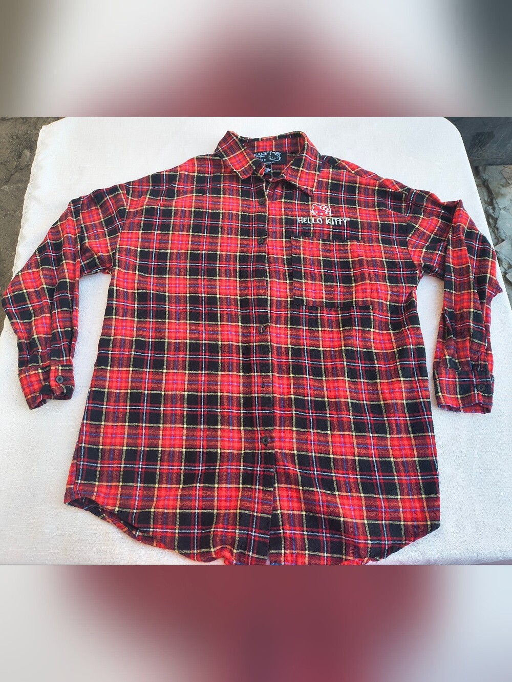 Forever 21 Hello Kitty Red Black Flannel Plaid Long Sleeve Shirt